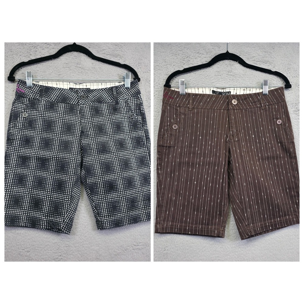 Y2K Volcom Shorts Lot of 2 Juniors 3 Brown Black Plaid Striped Geometric Striped